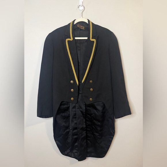 Vintage Black Military-Style Tailcoat Jacket with Gold Trim Sz S/M